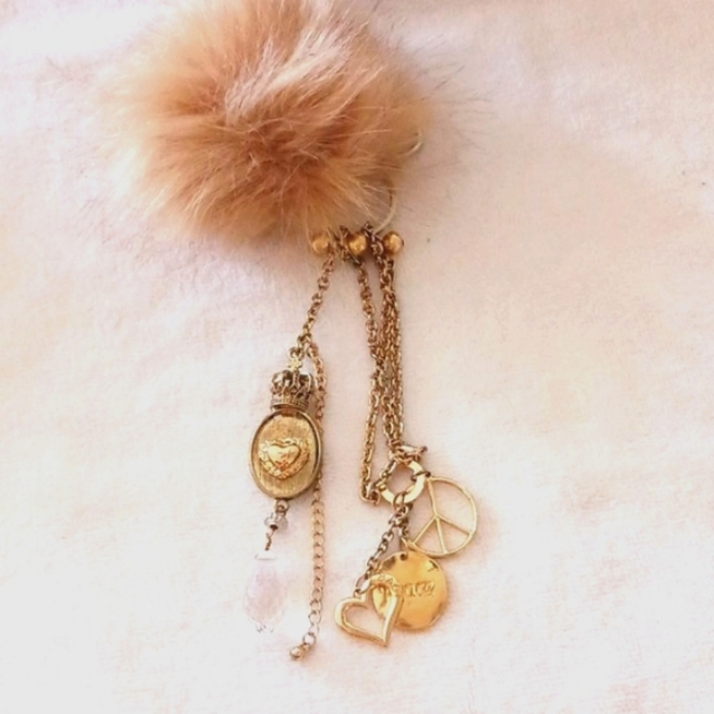 KEY Purse CHAIN w Large Antique Crystal Pom faux Fox & PEACE CAR MIRROR DANGLE